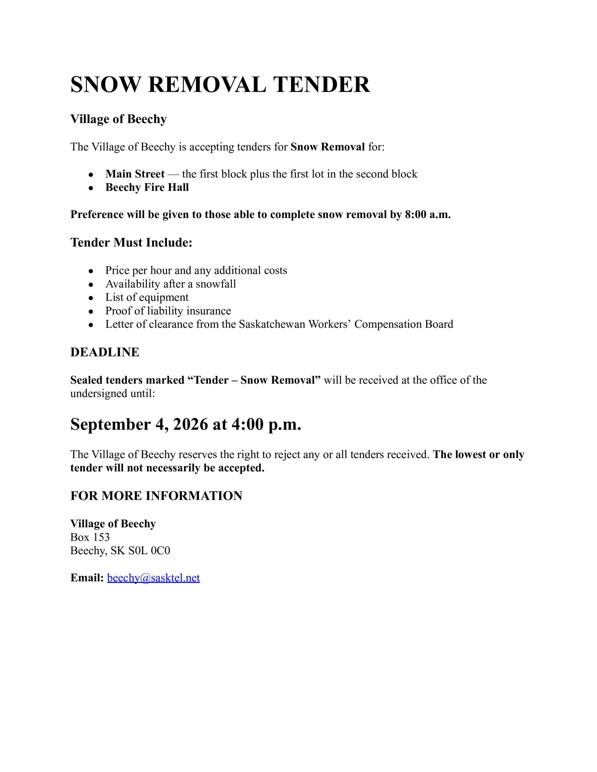 Snow Removal Tender
